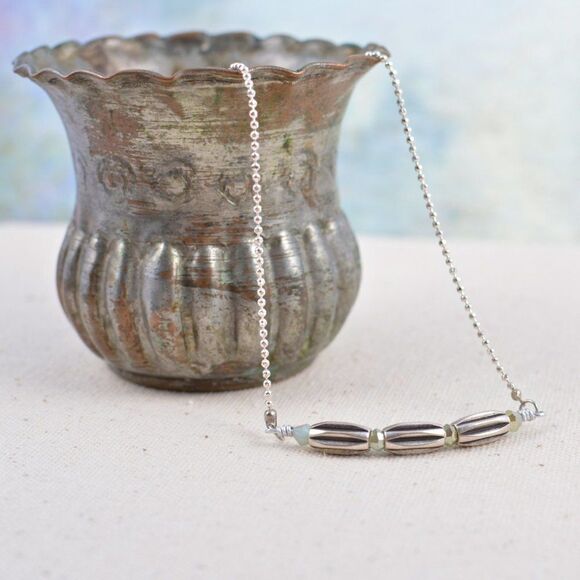 Silver Bar Necklace with Three Tubular Rice Beads - Picture 2 of 5